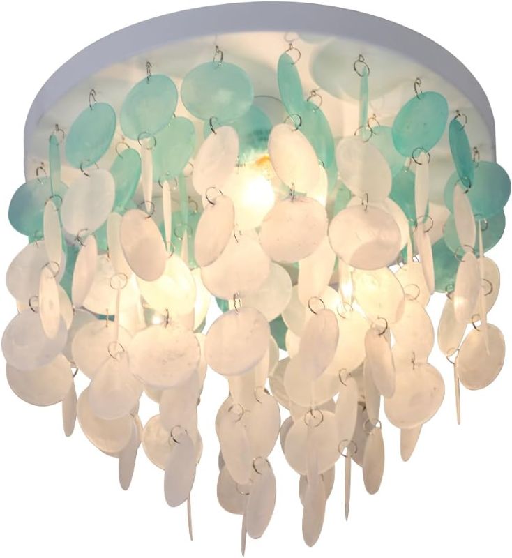 Photo 1 of 13.8" Capiz Shell Ceiling Light Fixtures 3 Lights Boho Shells Flush Mount Light for Bedroom, Kitchen Island, Bathroom, Entryway, Hallway, White and Blue
