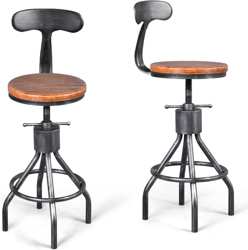 Photo 1 of LOKKHAN Set of 2 Rustic Industrial Bar Stool-24-30 Adjustable Metal Swivel Wooden Top Barstools-Counter Height Extra Tall Bar Height-Vintage Farmhouse Kitchen Breakfast Cafe Stool-with Backrest
