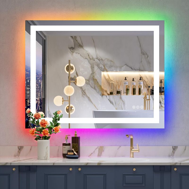 Photo 1 of 36x28 Inch RGB LED Bathroom Mirror Front Light and RGB Backlit Lighted Vanity Mirror for Bathroom Wall Mounted Dimmable Anti Fog Memory Shatter-Proof IP54 Waterproof Horizontal/Vertical