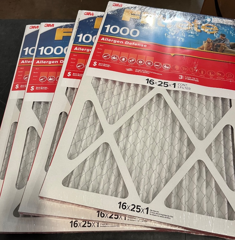 Photo 1 of Filtrete 16x25x1 AC Furnace Air Filter, MERV 11, MPR 1000, Micro Allergen Defense, 3-Month Pleated 1-Inch Electrostatic Air Cleaning Filter, 4 Pack (Actual Size 15.69 x 24.69 x 0.81 in)
