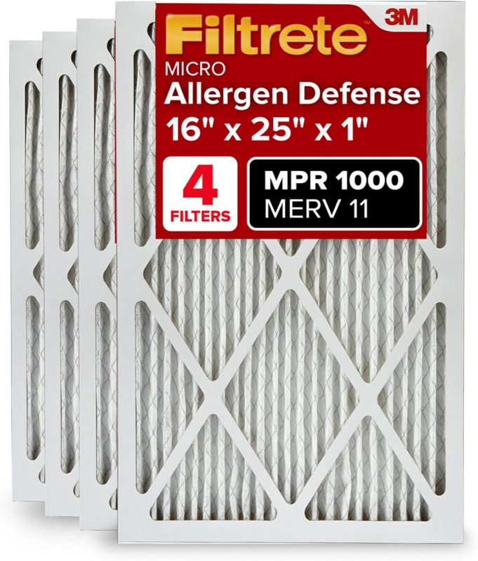 Photo 1 of Filtrete 16x25x1 AC Furnace Air Filter, MERV 11, MPR 1000, Micro Allergen Defense, 3-Month Pleated 1-Inch Electrostatic Air Cleaning Filter, 4 Pack (Actual Size 15.69 x 24.69 x 0.81 in)
