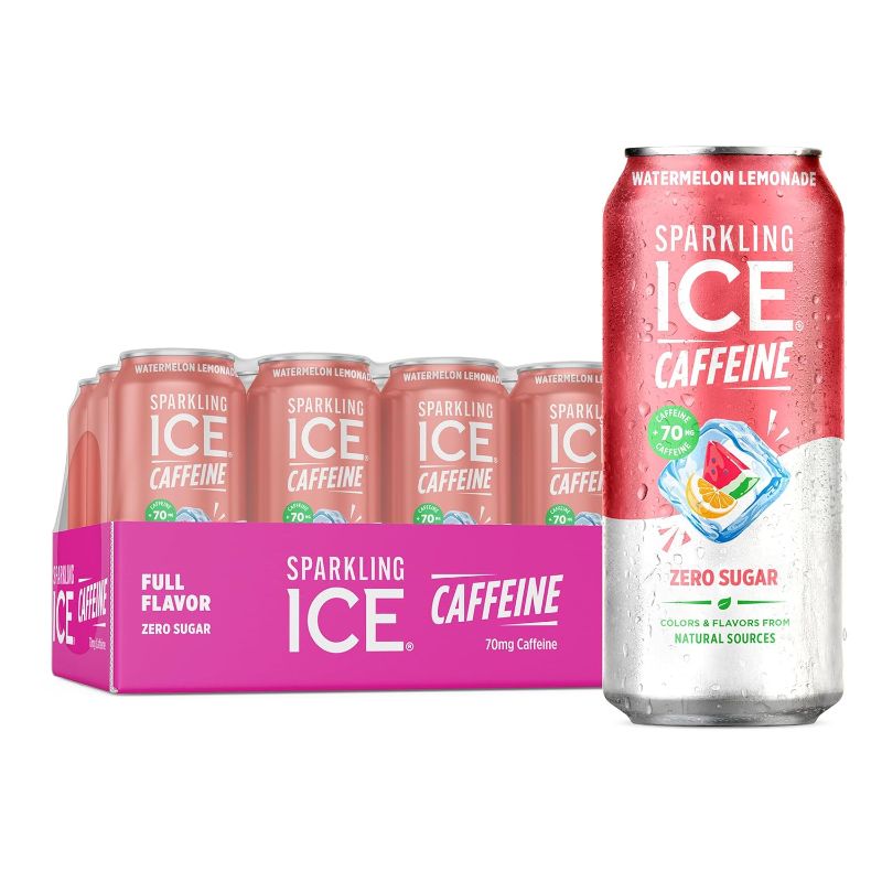 Photo 1 of Expires 8/27/26 Sparkling Ice Caffeine Watermelon Lemonade Sparkling Water with Caffeine, Zero Sugar, with Antioxidants and Vitamins,16 fl oz Cans (Pack Of 12)
