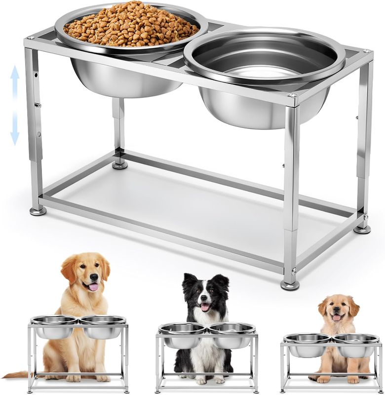 Photo 1 of 89OZ Large Capacity Raised Dog Bowls for Large Dogs - Full Metal 3 Height Adjustable (10", 12", 14") Food Water Bowl, Stainless Steel Medium Dog Elevated Bowl for Relief Joint Pressure
