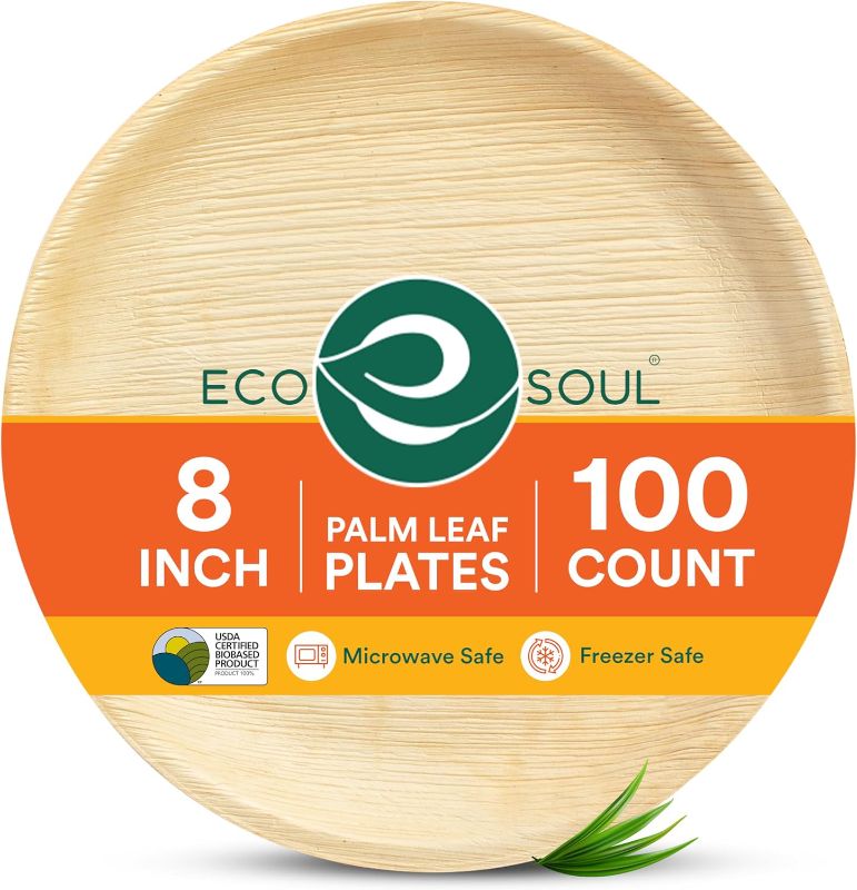 Photo 1 of ECO SOUL Palm Leaf Plates 8"(100 Count) Round Compostable Bamboo Plates Heavy- Duty, Biodegradable Eco-Friendly Dinnerware for Christmas Party Dinner, Wedding, Holiday & Event
