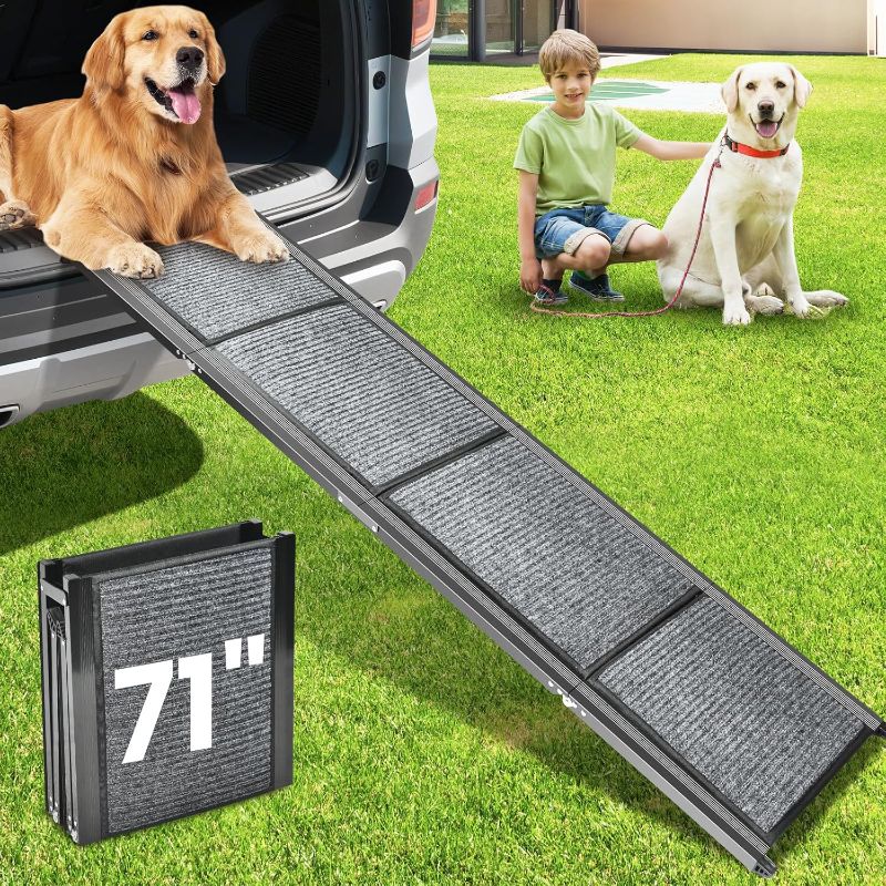 Photo 1 of Dog Ramp for Car, 71''x 17.3'' Extra Long Dog Ramp for Truck with Non-Slip Rug Surface, Portable and Folding Dog Car Ramp for SUV & Car, Outdoor Pet Ramp for Large Dogs Up to 250 LBS
