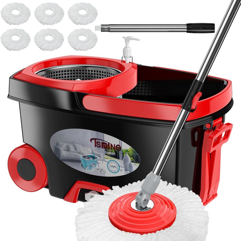 Photo 1 of FunClean 360° Spin Mop and Bucket Set with Wringer, 6 Extra Microfiber Heads, 61" Extended Handle for Effortless Floor Cleaning, 2X Wheel Design - Black
