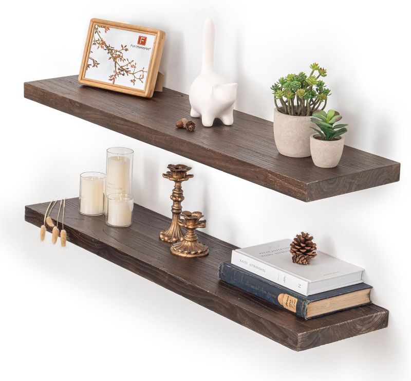 Photo 1 of Fun Memories Floating Shelves for Wall, 36"x9.3" Rustic Solid Elm Wood Shelves, Heavy-Duty Wall Mounted Shelves with Invisible Brackets, Set of 2 for Living Room, Bedroom, Kitchen, Walnut Finish
