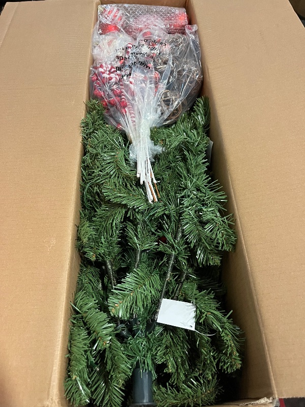 Photo 1 of 5ft Pre- Christmas Tree, Artificial Hinged Xmas Tree with 200 Warm-White LED Lights, 8 Lighting Modes, 450 Branch Tips, Red Berries & Pinecones and Ordamants, for Holiday Party Office Home Decor