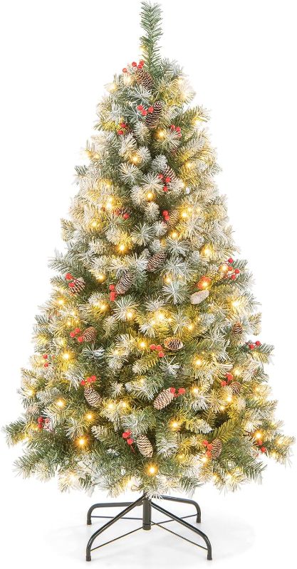 Photo 1 of 5ft Pre- Christmas Tree, Artificial Hinged Xmas Tree with 200 Warm-White LED Lights, 8 Lighting Modes, 450 Branch Tips, Red Berries & Pinecones and Ordamants, for Holiday Party Office Home Decor