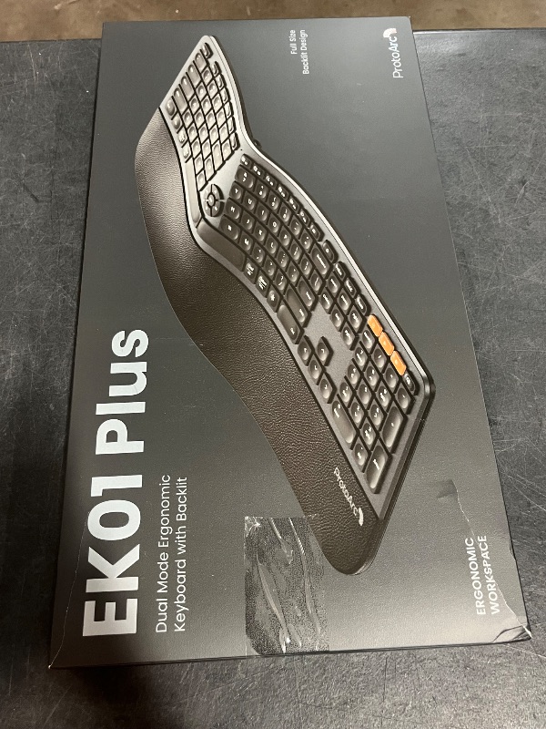 Photo 1 of Backlit Bluetooth Ergonomic Keyboard, ProtoArc EK01 Plus Full Size Wireless Split Keyboard with Dual Bluetooth and USB, Cushioned Wrist Rest, Rechargeable for Windows/Mac/Android, Grey Black
