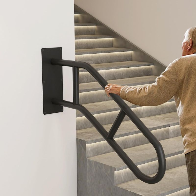 Photo 1 of Hand Rails for Outdoor Steps U-Shaped, Black Iron Stair Railing Indoor 1-3 Step, Wall Mounted Railing for Stairs, Stair Handrail for Elderly, Kids, Pregnant Women, Porch Deck Garden Grab Bar -1 Pack
