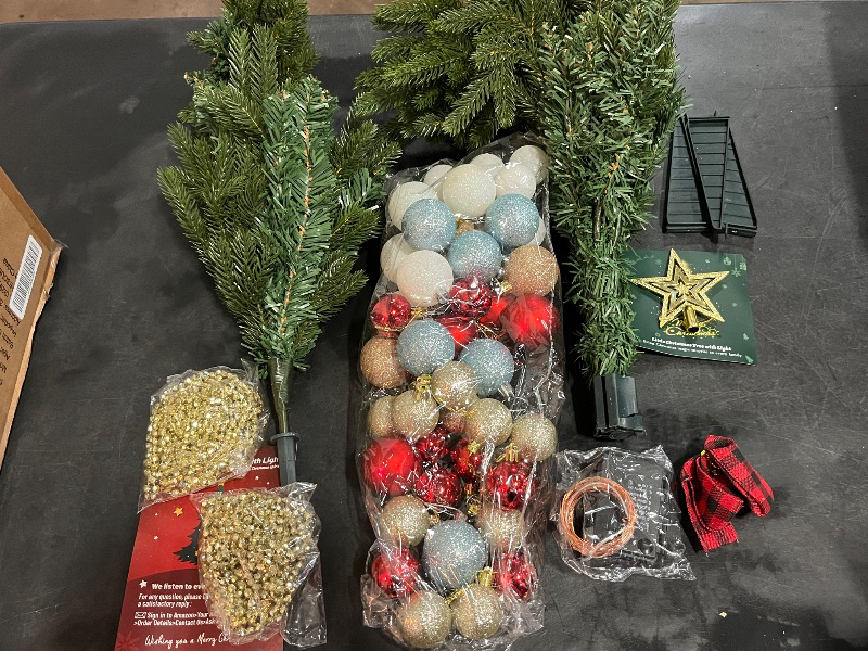 Photo 1 of 3FT Premium Hinged Artificial Holiday Small Mini Christmas Tree for Tabletop,Home, Office, Indoor and Outdoor Holiday Decoration,Easy Assembly Metal Hinges & Foldable Base with 
Ordiments and Decor 