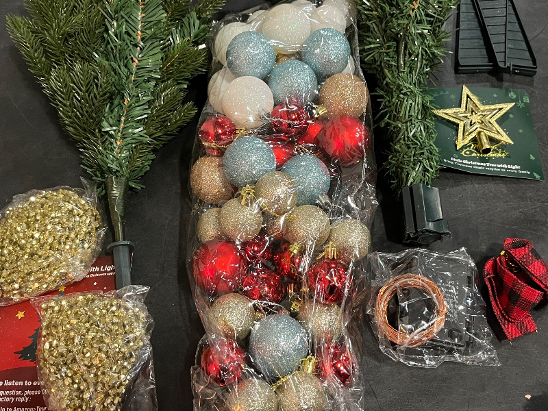 Photo 1 of 3FT Premium Hinged Artificial Holiday Small Mini Christmas Tree for Tabletop,Home, Office, Indoor and Outdoor Holiday Decoration,Easy Assembly Metal Hinges & Foldable Base with 
Ordiments and Decor 