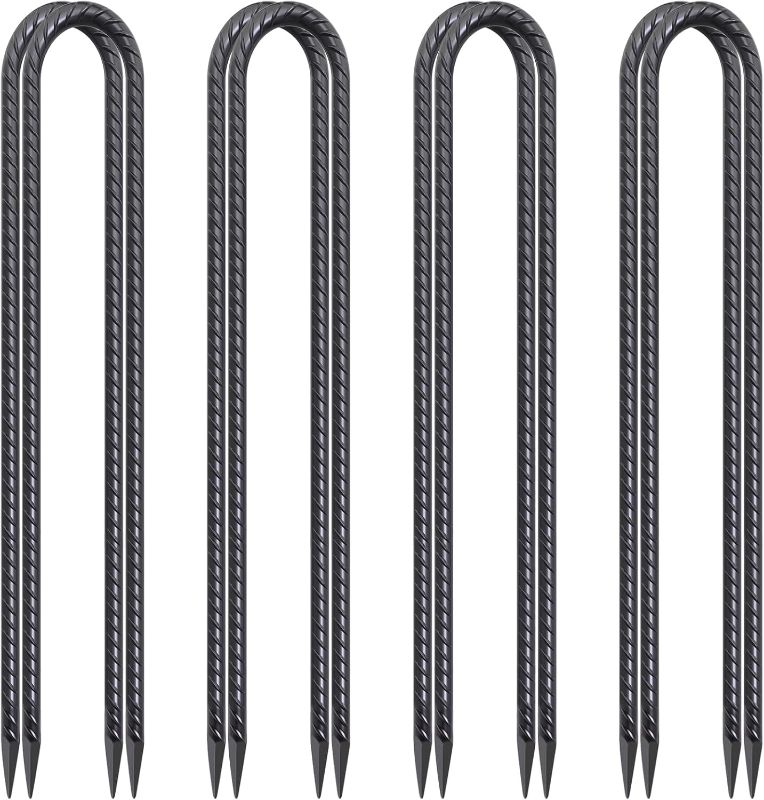 Photo 1 of 24 Inch Trampoline Stakes High Wind, 3/8 Inch Diameter Rebar Tent Anchors 8 Pack Heavy Duty U Stakes for Ground, Chain Link Fence, Swing Set, Soccer Goal (Black)
