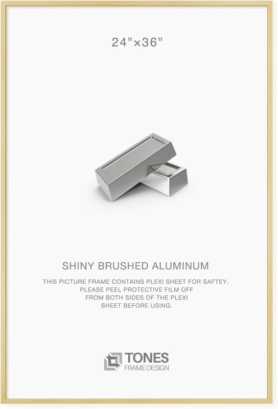 Photo 1 of 24x36 Poster Frame Gold Metal Photo Picture Frames Shiny Brushed Aluminum, Poster Frames 24 x 36 inches for Art Gallery Wall Tabletop Decor
