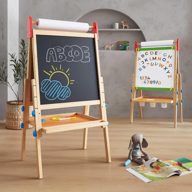 Photo 1 of Easel for Kids with 2 Drawing Paper Roll, Adjustable Kids Art Easel, Learning-Toy for 3,4,5,6,7,8 Years Old Boy & Girls, Wooden Chalkboard & Magnetic Whiteboard & Painting Paper Stand
