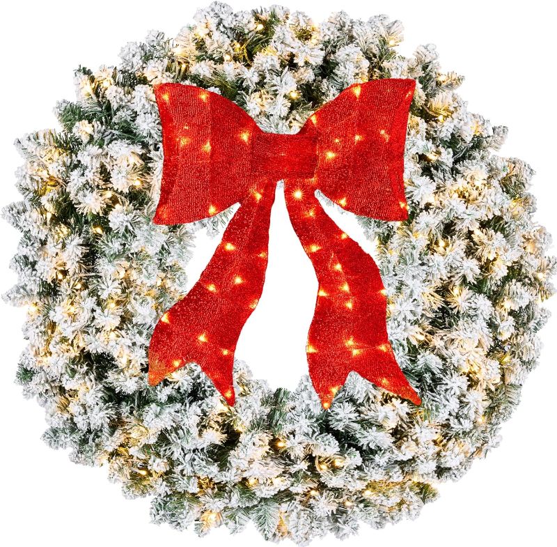 Photo 1 of Best Choice Products 36in Large Flocked Artificial Pre-Lit Fir Christmas Wreath Holiday Accent Decoration for Door, Mantel w/Red Lighted Bow, 150 LED Lights, 300 PVC Tips, Power Plug-in
