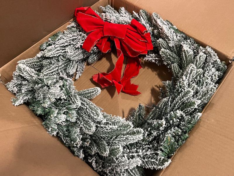 Photo 1 of Best Choice Products 36in Large Flocked Artificial Pre-Lit Fir Christmas Wreath Holiday Accent Decoration for Door, Mantel w/Red Lighted Bow, 150 LED Lights, 300 PVC Tips, Power Plug-in