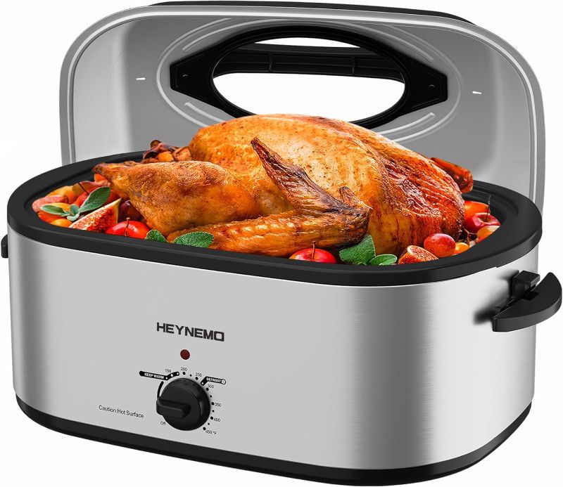 Photo 1 of Electric Roaster Oven with Visible & Self-Basting Lid, Large Turkey Roaster with Defrost Warm Function, Adjustable Temperature, Removable Pan Rack, Stainless Steel, Silver
