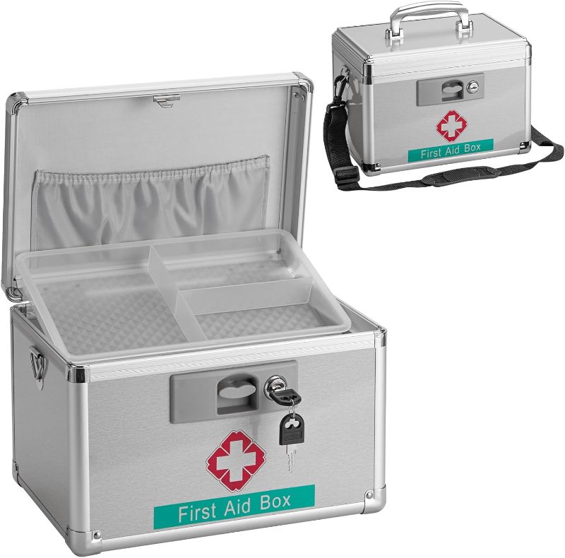 Photo 1 of Medicine Storage Box with Key - 15 x 8.7 x 9.4 Inches -Empty Lock First Aid Box for Drugs & Pill, Medical Organizer Container For Home/Outdoor (Silver/X-Large)
