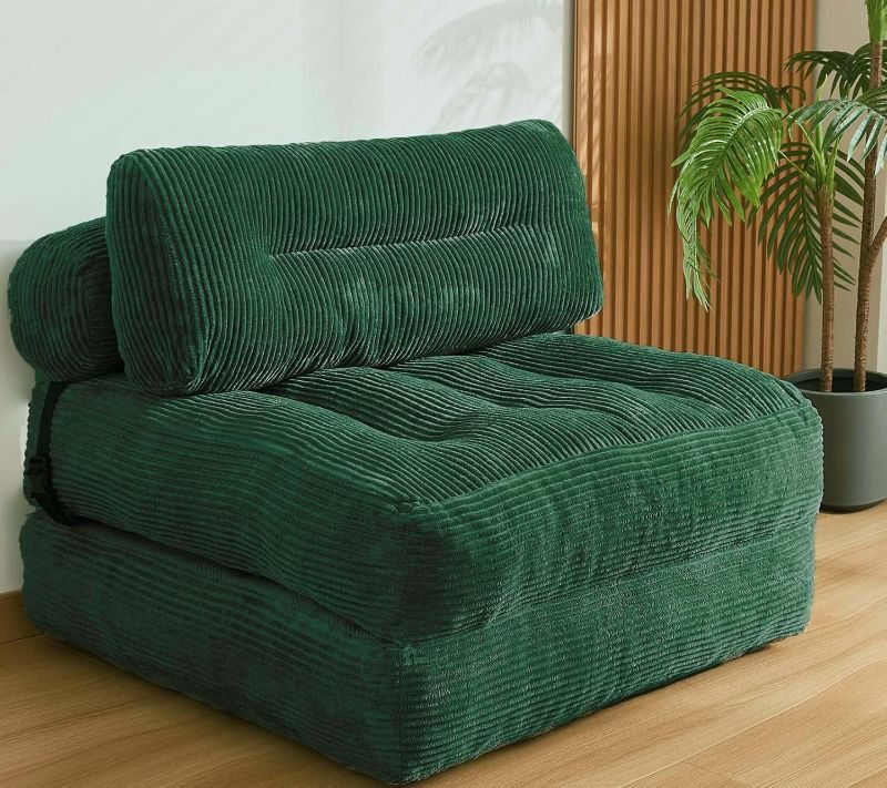 Photo 1 of Folding Sofa Bed, Convertible Sleeper Chair Couch Bed Faux Rabbit Fur for Adults, with Back Support Floor Couch Comfy Floor Sofa for Living Room Bedroom, Dark Green, Single
