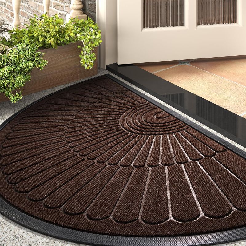 Photo 1 of Door Mat Outdoor Indoor Entrance Doormat-Semicircular Durable Rubber Non Slip Front Door Mat for Outside Inside Entry Entryway Dirt Trapper WelcomeMat for Muddy Paws and Shoes-Brown 24”x47”
