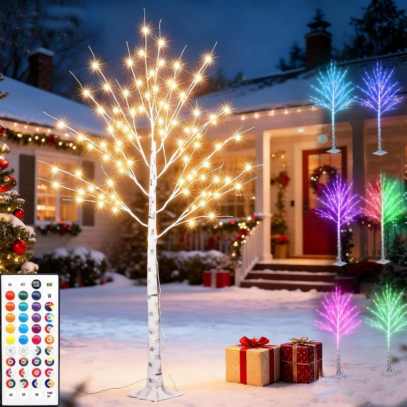 Photo 1 of Outdoor Colorful Lighted Birch Tree for Christmas Decoration 5FT, Color Changing Light Up LED White Tree Pink Multicolor Green Artificial Birch Branch with Remote for Home Holiday Wedding Party Decor

