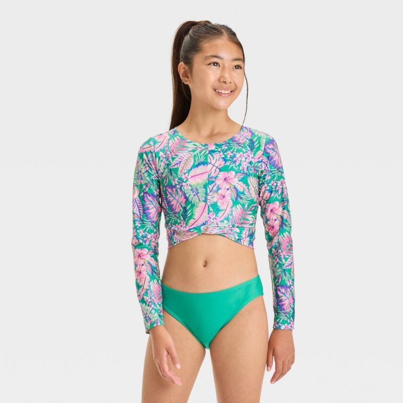 Photo 1 of (S) Girls' Abstract Tropical Jungle Flowers Bikini Top - Art Class™ S: UPF 50+ Swimwear, Recycled Polyester, Part of 3 Piece Set 