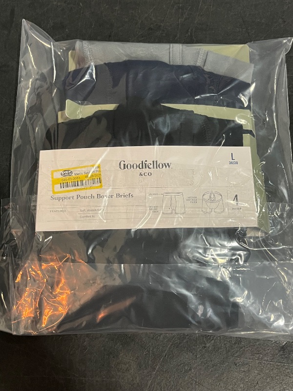 Photo 1 of (L) Men's Support Pouch Boxer Briefs 4pk - Goodfellow & Co™ Black/Blue/Gray L: Mid Rise, Mesh Liner, Lightweight Jersey Fabric