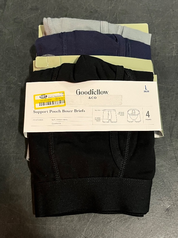 Photo 1 of (L) Men's Support Pouch Boxer Briefs 4pk - Goodfellow & Co™ Black/Blue/Gray L: Mid Rise, Mesh Liner, Lightweight Jersey Fabric