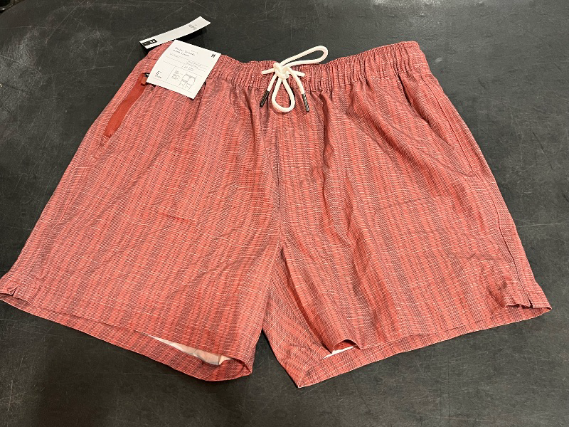Photo 1 of (M) Men's 5" Striped Swim Shorts - Goodfellow & Co™ Dark Red M: Recycled Polyester, Spandex, UPF 50+, Built-in Brief