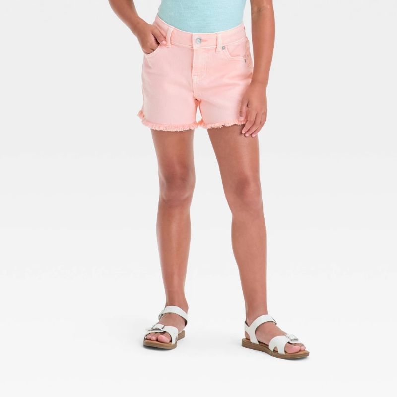 Photo 1 of (S) Girls' Mid-Rise Cutoff Jean Shorts - Cat & Jack™ Light Pink S: Adjustable Waistband, Frayed Hem, Stretch Denim