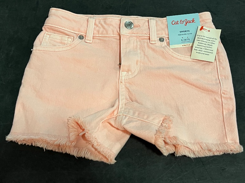 Photo 1 of (S) Girls' Mid-Rise Cutoff Jean Shorts - Cat & Jack™ Light Pink S: Adjustable Waistband, Frayed Hem, Stretch Denim