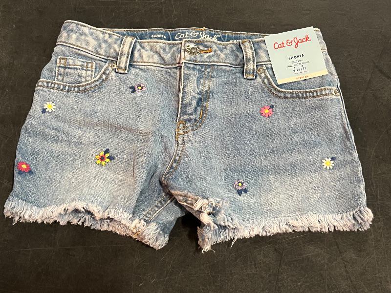 Photo 1 of (S) Girls' Mid-Rise Floral Cutoff Jean Shorts - Cat & Jack™ Light Wash Blue S: Adjustable Waistband, Stretch Denim
