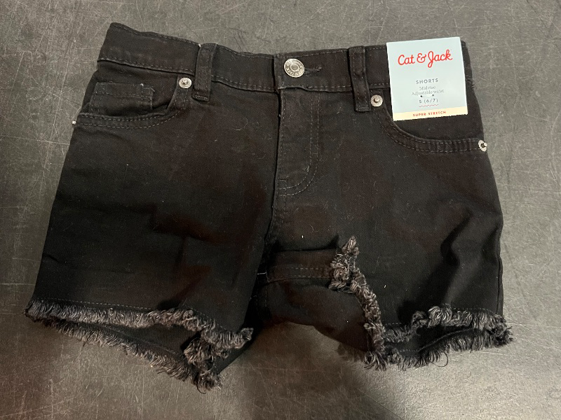 Photo 1 of (S) Girls' Cutoff Mid-Rise Jean Shorts - Cat & Jack™ Black S: Adjustable Waistband, Stretch Denim
