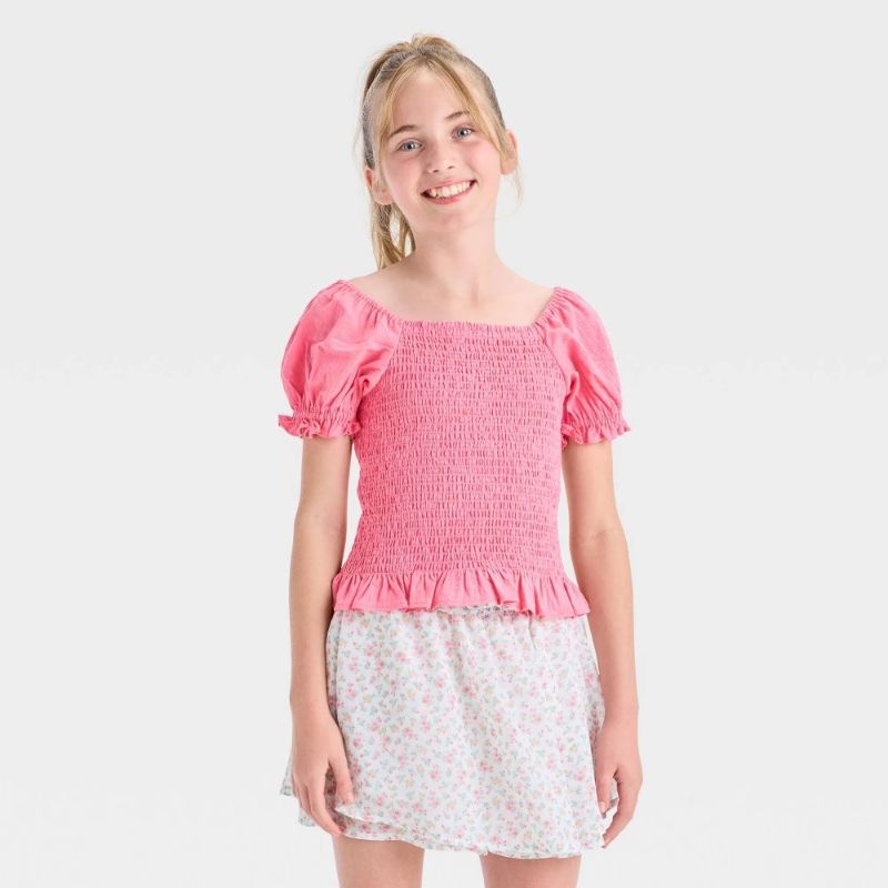 Photo 1 of (M) Girls' Short Sleeve Smock Chiffon Top - Cat & Jack Pink M
