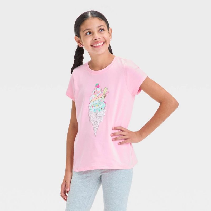 Photo 1 of (M) Girls' Short Sleeve Ice Cream Graphic T-Shirt - Cat & Jack™ Pink M: Relaxed Fit, Crew Neck