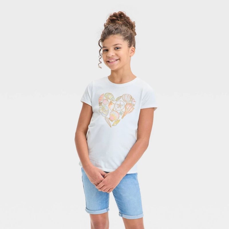 Photo 1 of (M) Girls' Short Sleeve Shell Heart Graphic T-Shirt - Cat & Jack™ Cream M: Cotton Blend, Relaxed Fit, Below Hip Length
