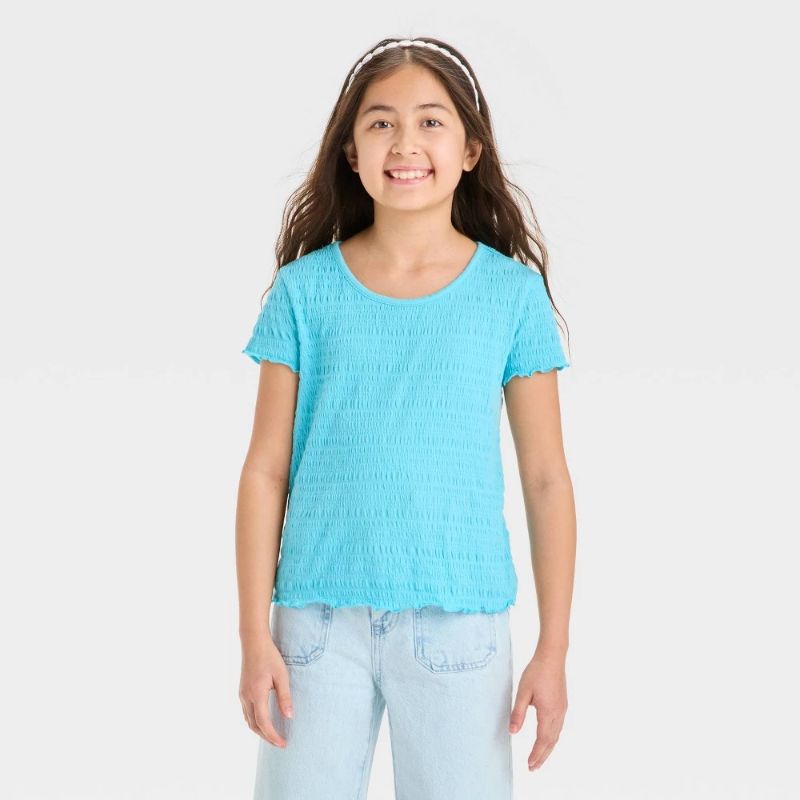 Photo 1 of (M) Girls' Short Sleeve Textured T-Shirt - Cat & Jack™ Light Turquoise Blue M: Cotton Blend, Jacquard Knit, Pullover