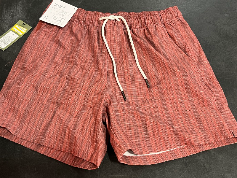 Photo 1 of (S) Men's 5" Striped Swim Shorts - Goodfellow & Co™ Dark Red S: Recycled Polyester, Spandex, UPF 50+, Built-in Brief, Pockets
