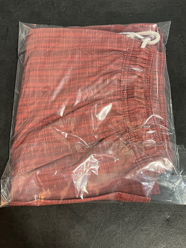 Photo 1 of (S) Men's 5" Striped Swim Shorts - Goodfellow & Co™ Dark Red S: Recycled Polyester, Spandex, UPF 50+, Built-in Brief, Pockets
