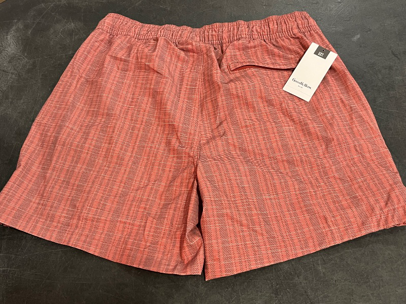 Photo 1 of (S) Men's 5" Striped Swim Shorts - Goodfellow & Co™ Dark Red S: Recycled Polyester, Spandex, UPF 50+, Built-in Brief, Pockets
