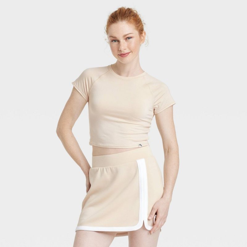 Photo 1 of (XS) Women's Knit Cropped Short Sleeve Top - JoyLab™ Tan XS: Fitted Pullover T-Shirt
