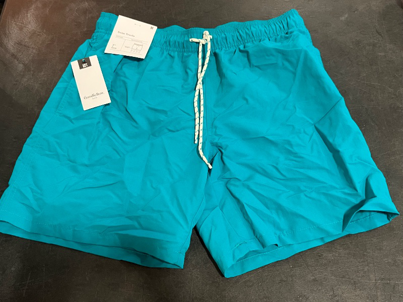 Photo 1 of (M) Men's 7" Swim Shorts - Goodfellow & Co Aqua Blue M: Quick Dry, Adjustable Waistband, UPF 50+ Protection, Mesh Liner
