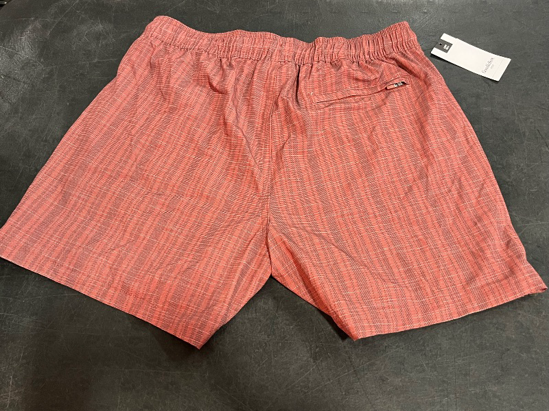 Photo 1 of (XL) Men's 5" Striped Swim Shorts - Goodfellow & Co™ Dark Red XL: Recycled Polyester, Spandex, UPF 50+, Built-in Brief