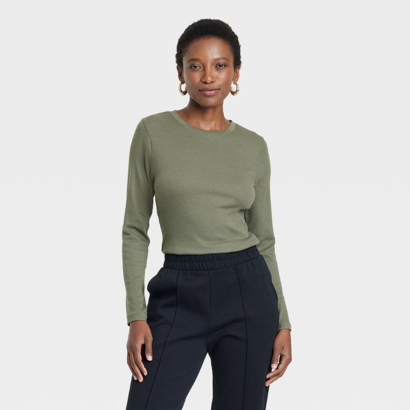 Photo 1 of (XS) Women's Long Sleeve Ribbed T-Shirt - a New Day™ Olive XS
