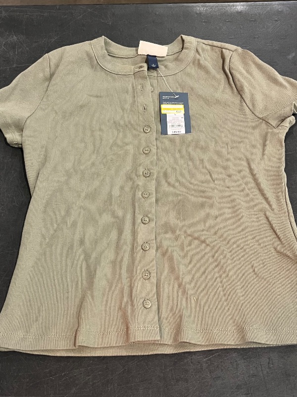 Photo 1 of (L) Women's Short Sleeve Button-Down T-Shirt - Universal Thread™ Olive Green L: Casual Crew Neck, Lightweight Ribbed Fabric
