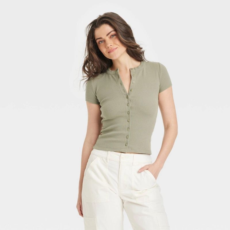 Photo 1 of (L) Women's Short Sleeve Button-Down T-Shirt - Universal Thread™ Olive Green L: Casual Crew Neck, Lightweight Ribbed Fabric
