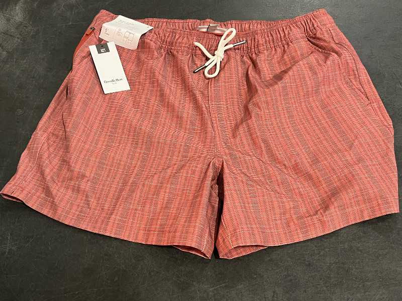 Photo 1 of (L) Men's 5" Striped Swim Shorts - Goodfellow & Co™ Dark Red L: UPF 50+, Built-in Brief, Drawstring Waist