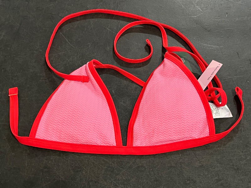 Photo 1 of (S) Women's Pucker Textured Contrast Binding Triangle Bikini Top - Wild Fable™ Pink/Red S: Crisscross Back, Adjustable Strap
